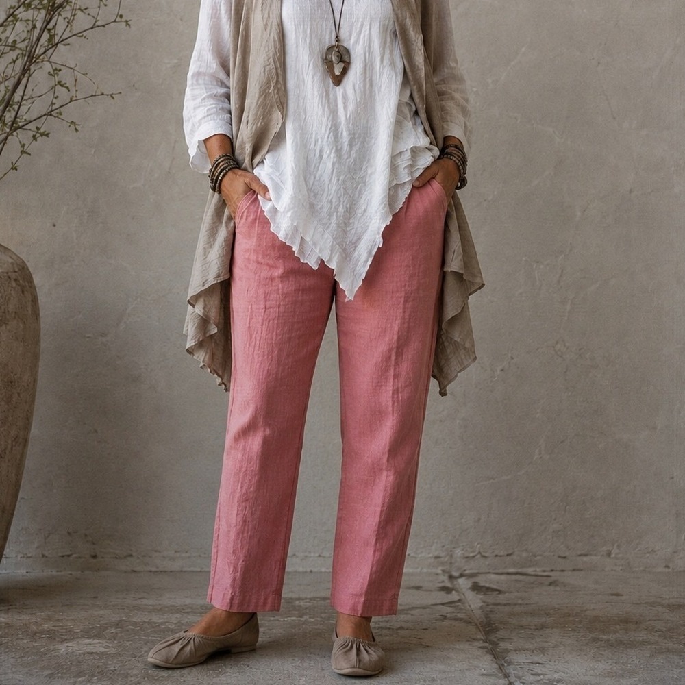 Bryn Walker XS Linen Pants Pink Wide Leg Elastic Waist High Rise Lightweight USA